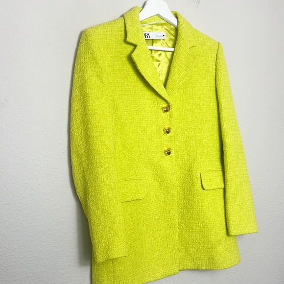 ZARA Lime Green Buttoned Textured Weave Blazer - Picture 5 of 7